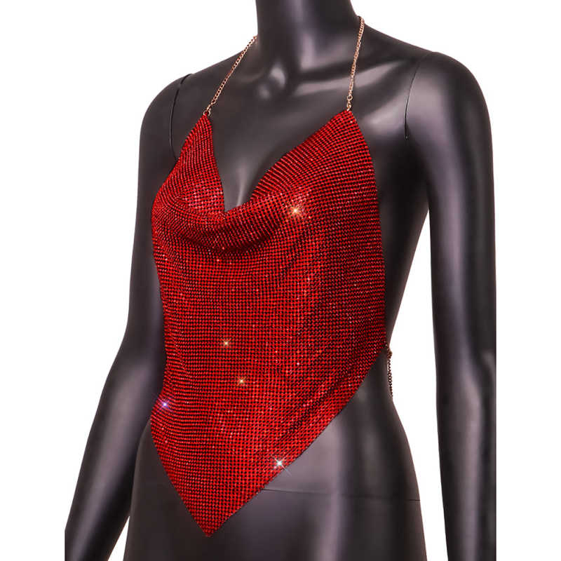 Red Sequined Metal Chains Halter Camisoles TQK250237-3