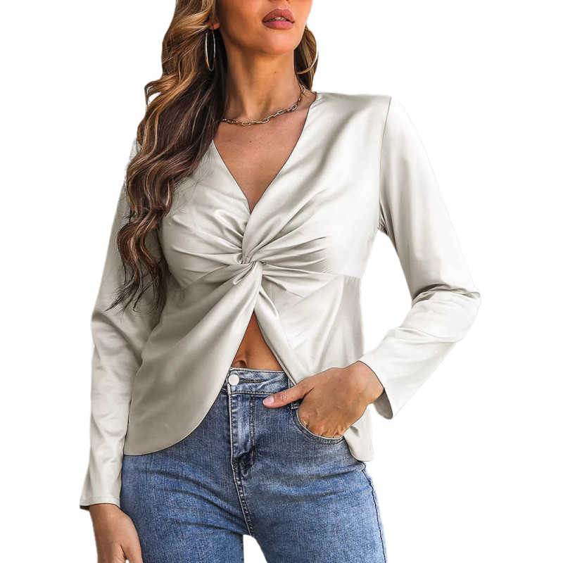 Beige Front Knot Satin Long Sleeve Crop Top TQF210125-46