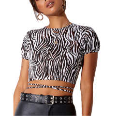 Khaki Zebra Print Short Sleeve Crop Top TQK210696-21