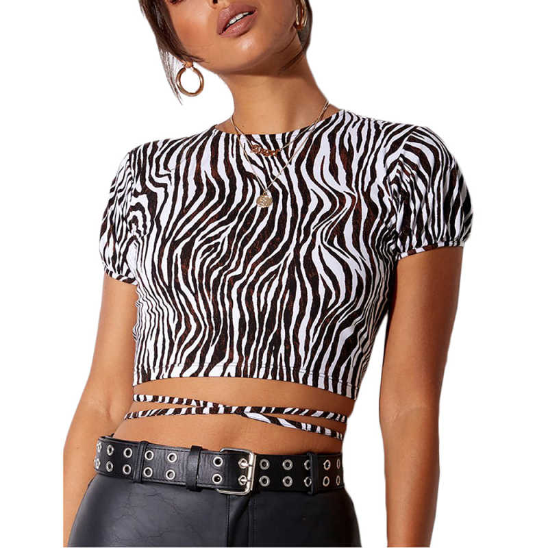 Khaki Zebra Print Short Sleeve Crop Top TQK210696-21