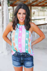 Multi Stripe Stars &amp; Stripes Halter Tank Top LC256107-22