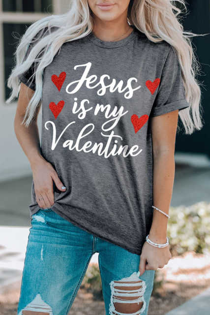 Gray Jesus Is My Valentine Heart Glitter Print Graphic T Shirt LC25219241-11