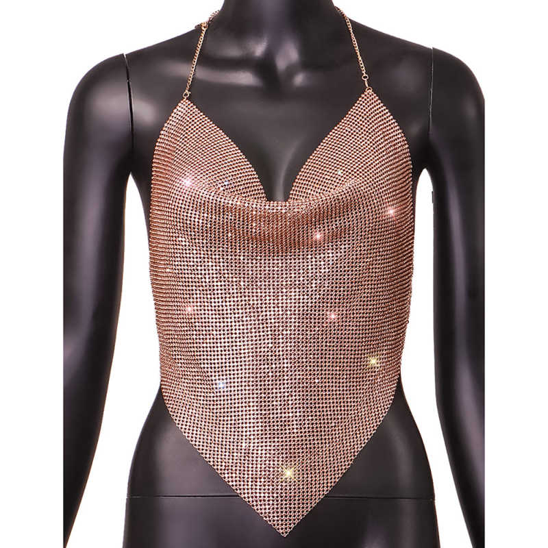 Champagne Sequined Metal Chains Halter Camisoles TQK250237-53