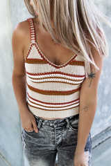 Beige Striped Knitted V Neck Tank Top LC2565061-15