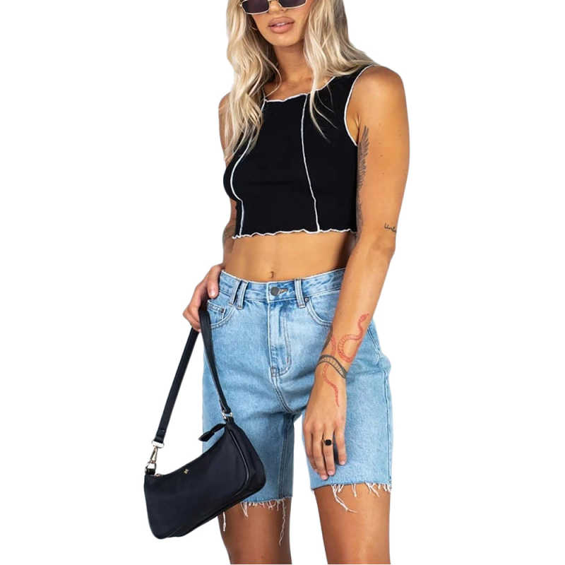 Black Cotton Blend Sleeveless Crop Tank TQK250135-2