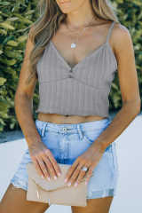 Gray Rib Knit Button Front Ruffle Hem Camisole LC2566453-11