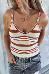 Beige Striped Knitted V Neck Tank Top LC2565061-15