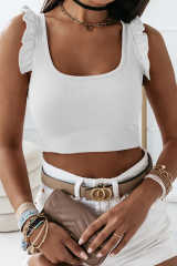 White Ruffle Strap Ribbed Sleeveless Crop Top LC2565025-1
