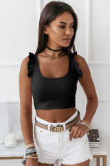Black Ruffle Strap Ribbed Sleeveless Crop Top LC2565025-2