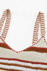 Beige Striped Knitted V Neck Tank Top LC2565061-15
