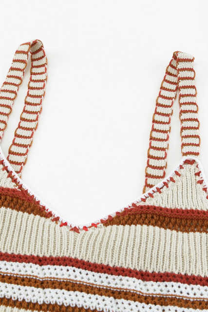 Beige Striped Knitted V Neck Tank Top LC2565061-15