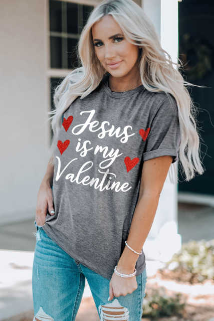 Gray Jesus Is My Valentine Heart Glitter Print Graphic T Shirt LC25219241-11