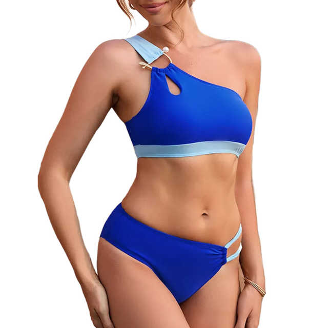Blue Metal Buckle Patchwork One Shoulder Bikini TQX610011-5