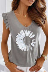 Gray V-Neck Daisy Print Casual Tank Top LC256837-11