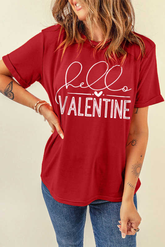 Red Hello Valentine Letter Print T Shirt LC25219469-103