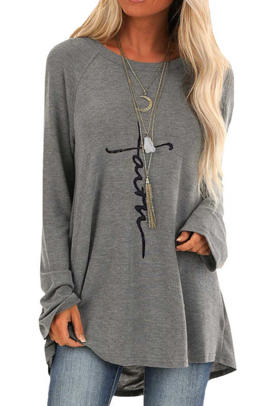 Gray Faith Letters Print Knit Tunic Top LC2511024-2011