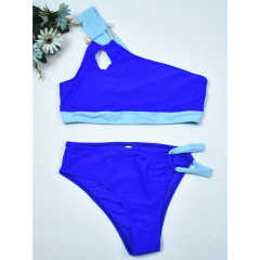 Blue Metal Buckle Patchwork One Shoulder Bikini TQX610011-5