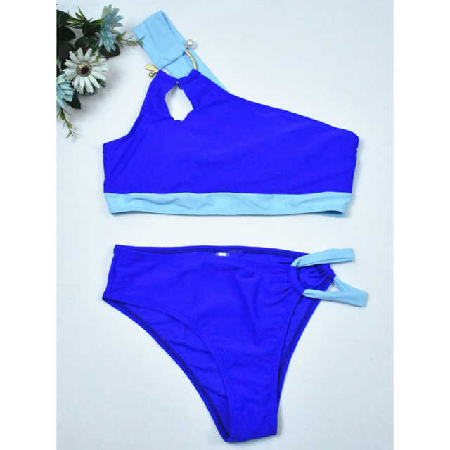 Blue Metal Buckle Patchwork One Shoulder Bikini TQX610011-5