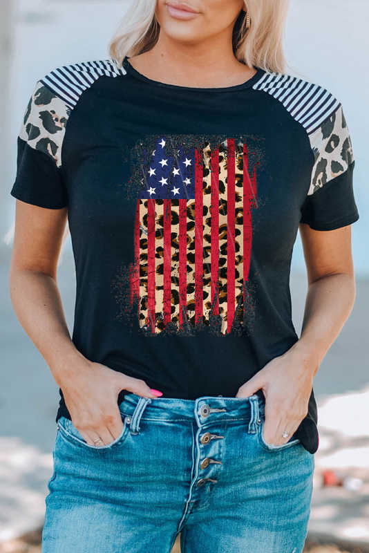 Black US Flag Leopard Print Raglan Sleeve T Shirt LC25216584-2