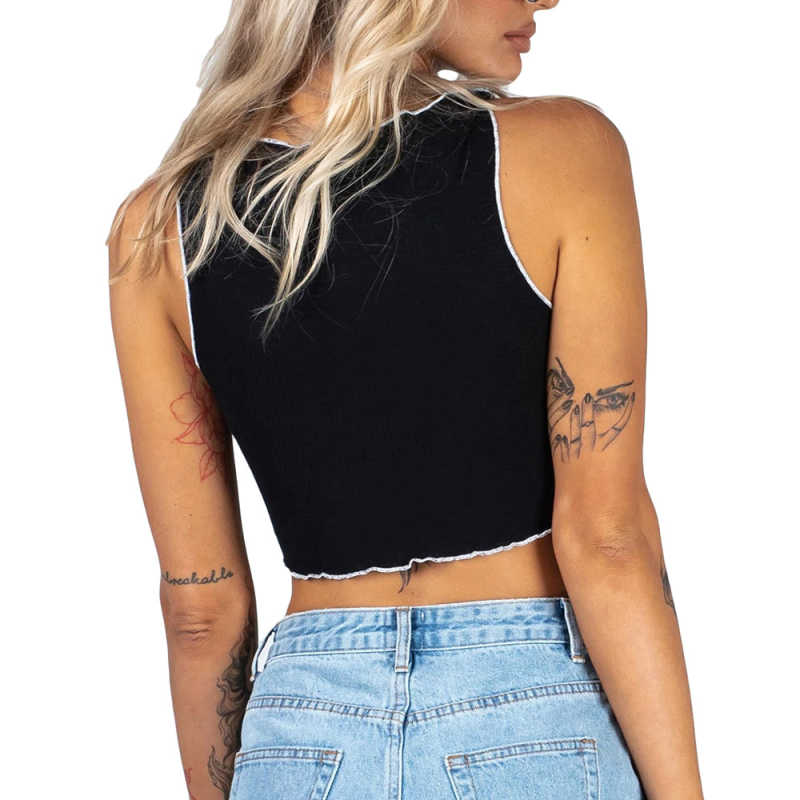 Black Cotton Blend Sleeveless Crop Tank TQK250135-2