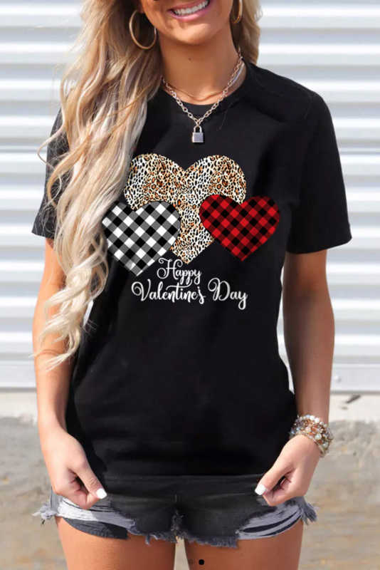 Black Happy Valentine's Day Hearts Print Short Sleeve T Shirt LC25219286-2