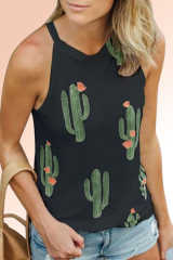 Black Crew Neck Cactus Print Tank Top LC2561176-2