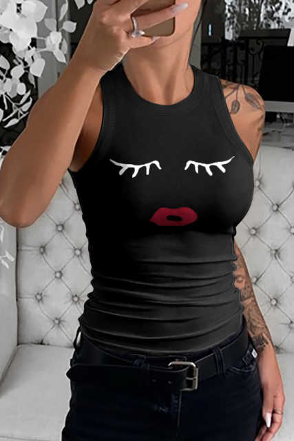 Black Crew Neck Eyelash Pattern Ribbed Knit Tank LC256631-2