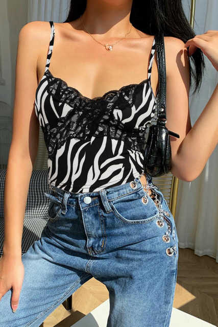 Black Zebra Print Sexy V Neck Spaghetti Strap Tank Top LC256345-2