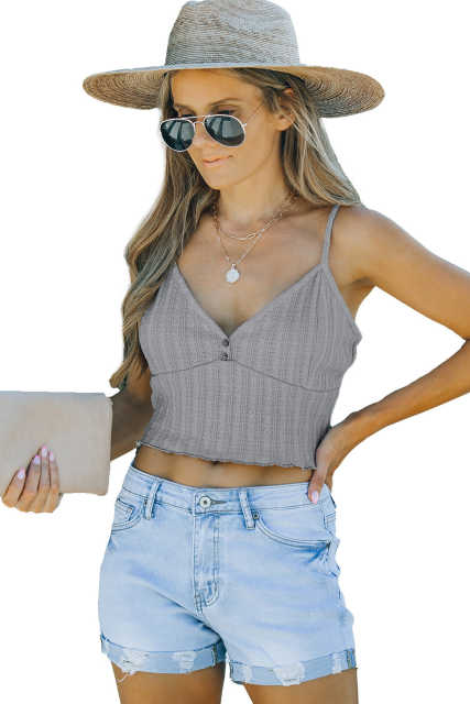 Gray Rib Knit Button Front Ruffle Hem Camisole LC2566453-11