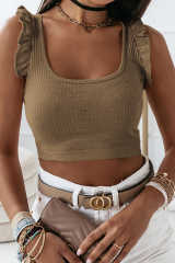 Brown Ruffle Strap Ribbed Sleeveless Crop Top LC2565025-17