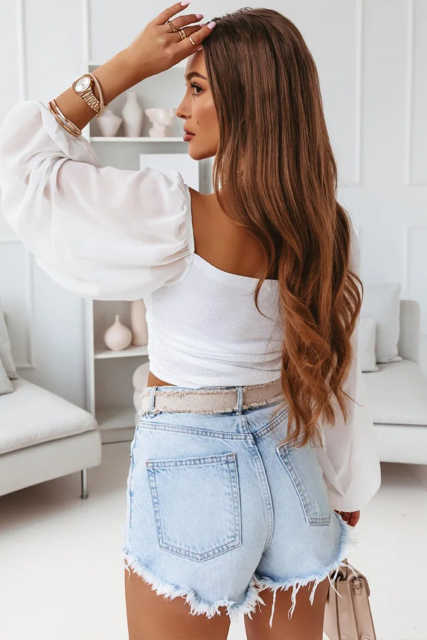 White Drawstring Front Sheer Puff Sleeve Crop Top LC25118462-1