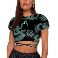 Green Dragon Print Short Sleeve Crop Top TQK210696-9