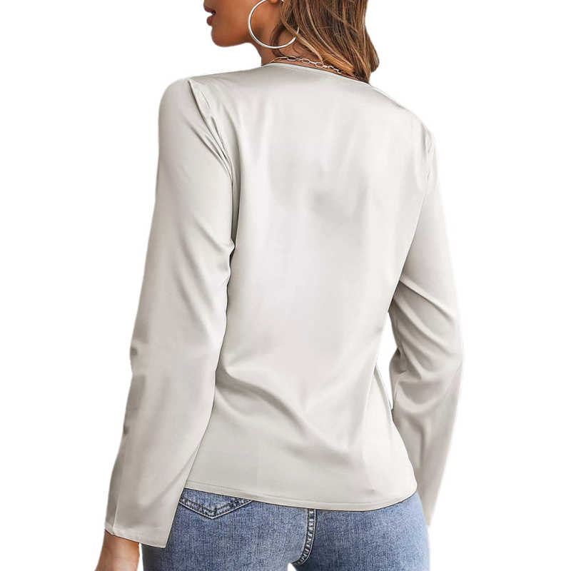 Beige Front Knot Satin Long Sleeve Crop Top TQF210125-46