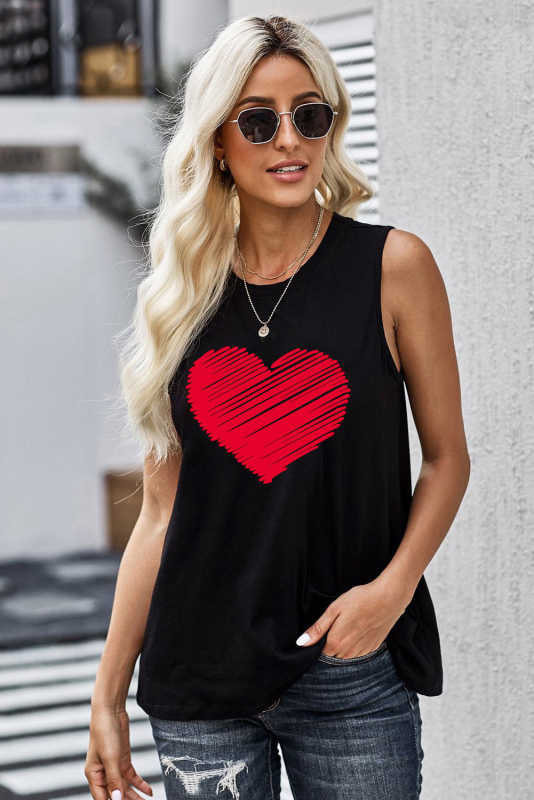 Black Valentine Heart Print Loose Crew Neck Tank Top LC2565322-2