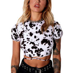White Cow Print Short Sleeve Crop Top TQK210696-1