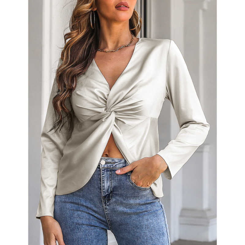 Beige Front Knot Satin Long Sleeve Crop Top TQF210125-46