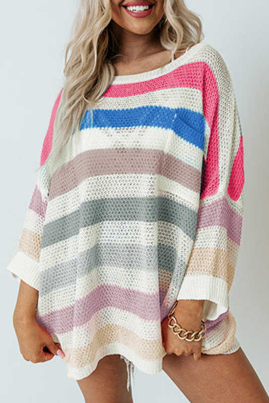 Rose Multicolor Striped Knit Top with Chest Pocket LC25115147-6