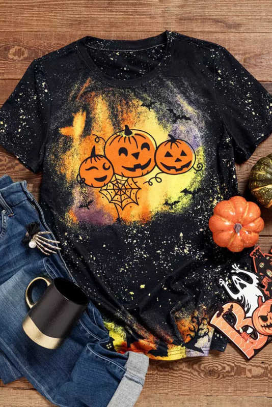 Black Halloween Pumpkin Face Bat Bleached T-Shirt LC25218592-2