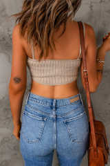 Khaki Ribbed Knit Spaghetti Strap Sleeveless Crop Top LC2565803-16