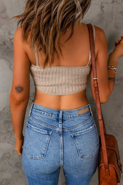 Khaki Ribbed Knit Spaghetti Strap Sleeveless Crop Top LC2565803-16