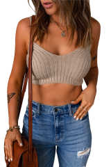 Khaki Ribbed Knit Spaghetti Strap Sleeveless Crop Top LC2565803-16