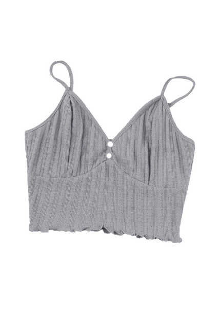 Gray Rib Knit Button Front Ruffle Hem Camisole LC2566453-11