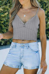 Gray Rib Knit Button Front Ruffle Hem Camisole LC2566453-11