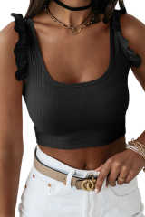 Black Ruffle Strap Ribbed Sleeveless Crop Top LC2565025-2