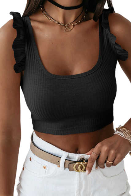 Black Ruffle Strap Ribbed Sleeveless Crop Top LC2565025-2