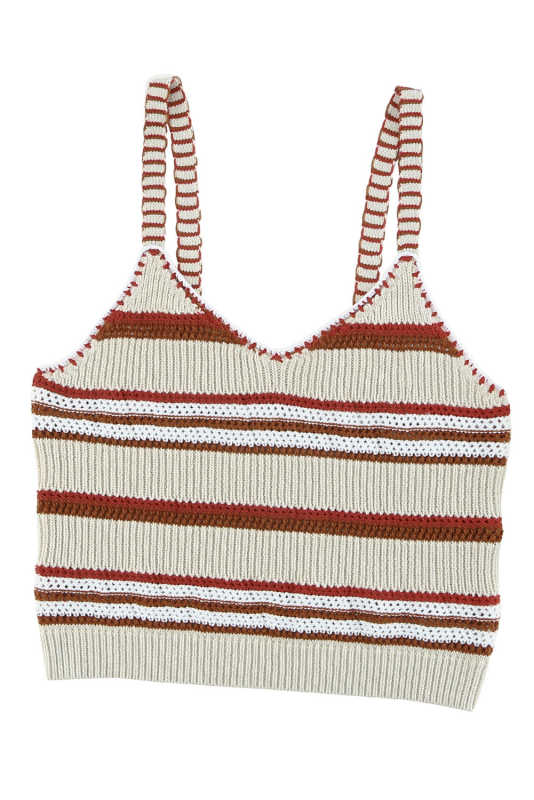 Beige Striped Knitted V Neck Tank Top LC2565061-15
