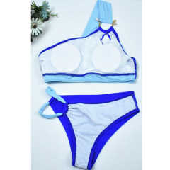 Blue Metal Buckle Patchwork One Shoulder Bikini TQX610011-5