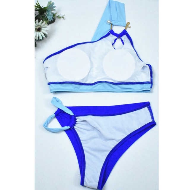 Blue Metal Buckle Patchwork One Shoulder Bikini TQX610011-5