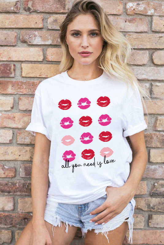 White all you need is love Valentines Kisses Graphic Tee LC25219470-1