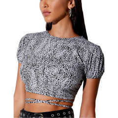 Gray Leopard Print Short Sleeve Crop Top TQK210696-11
